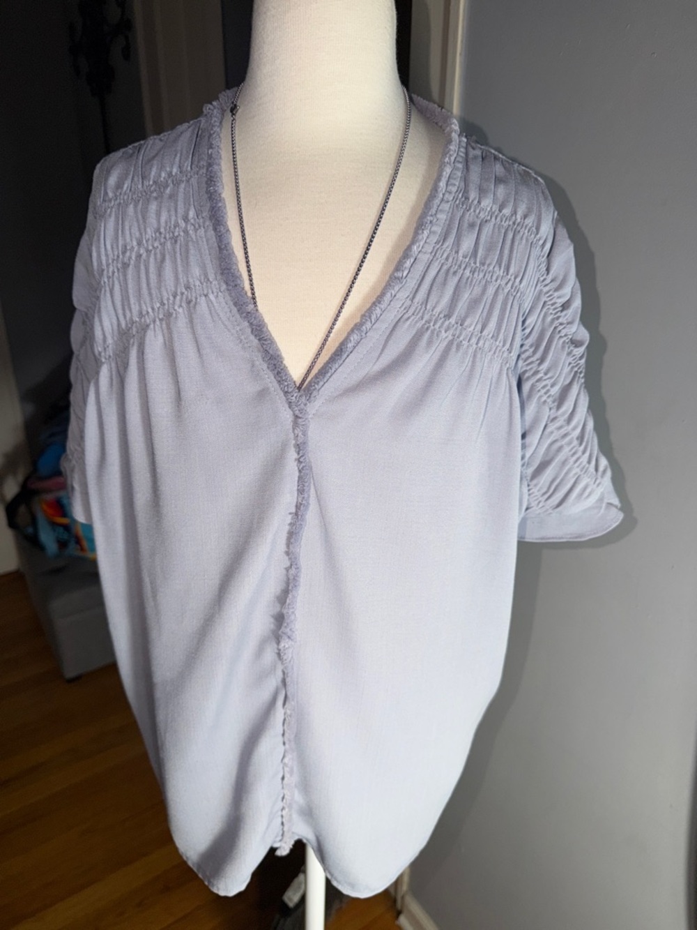 THML Anthropologie Light Blue V-Neck Smocked Sleeve Top